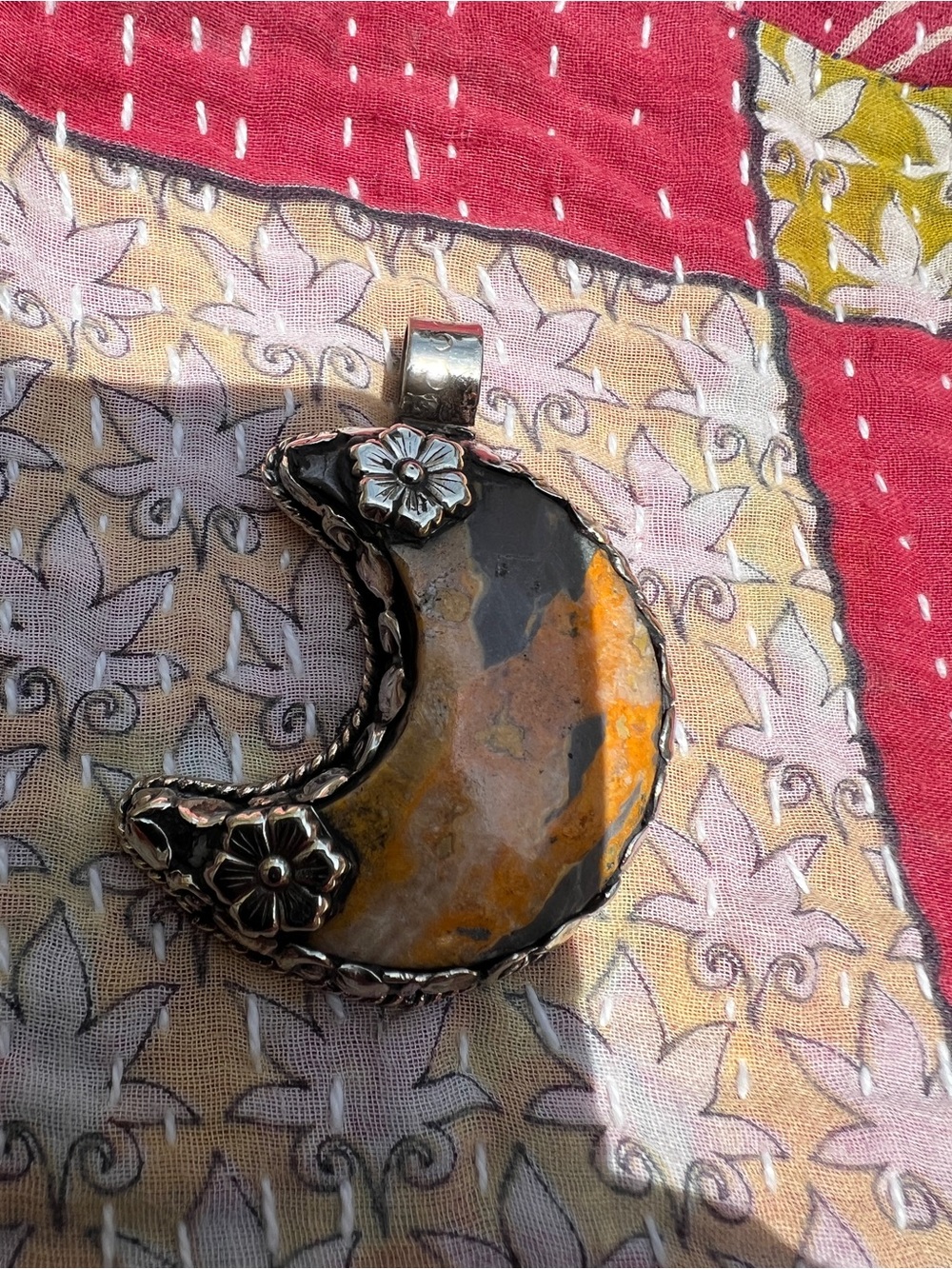 Handcrafted Tibetan Silver Crescent Bumblebee Jasper Stone Pendant
